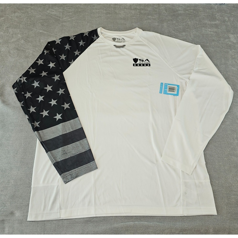 SA Company Shirt Mens Mesh White Black Long Sleeve Fishing USA Flag Arm XL UPF50